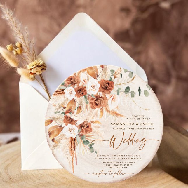 Invitation Round Wood Grain Boho Pampas Grass Photo Wedding  (Créateur téléchargé)
