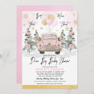 Invitation Route D'Hiver Par Baby shower Pink Gold Floral Car