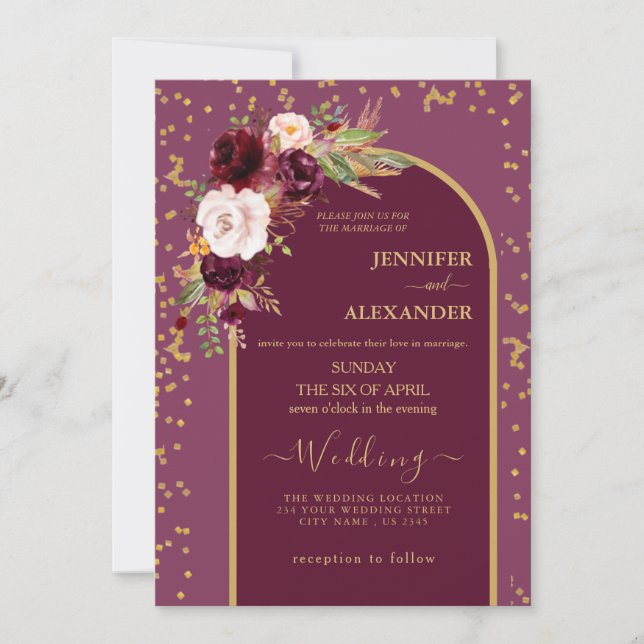 Invitation roux bordeaux | Mariage moderne Gold frame (Devant)
