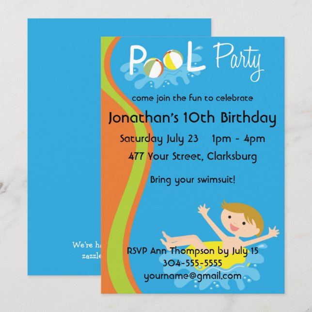 Invitation Roux de garçon de réception au bord de la piscine (Devant / Derrière)
