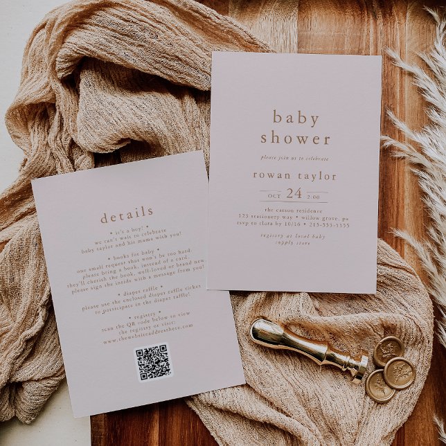 Invitation ROWAN Rustic Gold QR Baby shower simple (ROWAN Rustic Pink Gold QR Simple Baby Shower Invitation)
