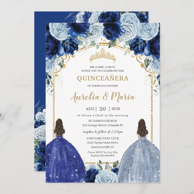 Invitation Royal Baby Blue Floral Girls Twins Quinceañera (Devant / Derrière)