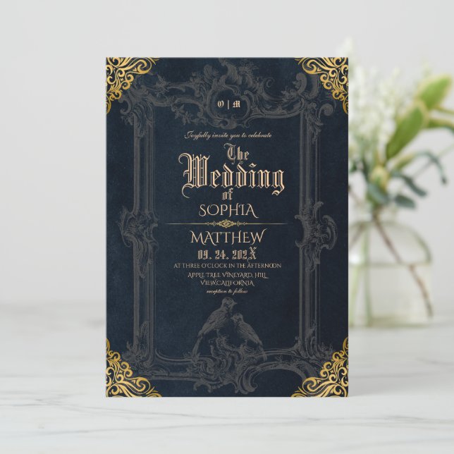 Invitation Royal Black Gold Fantasy Medieval Wedding  (Debout devant)