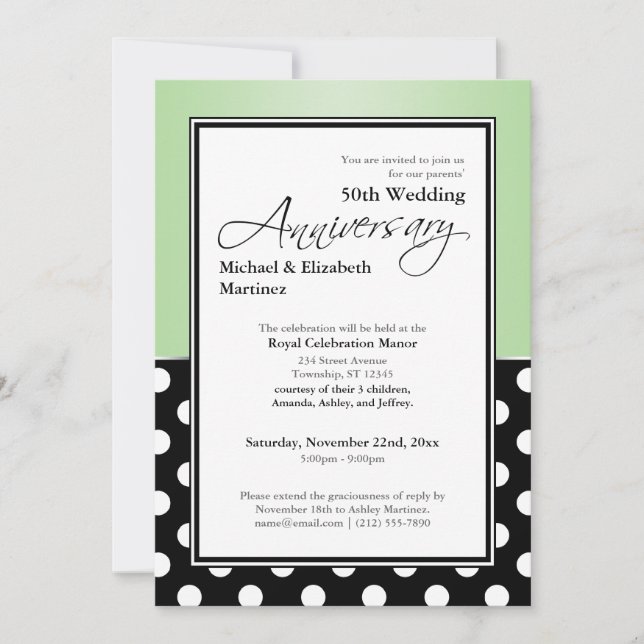Invitation Royal Black pois vert 50e Anniversaire (Devant)