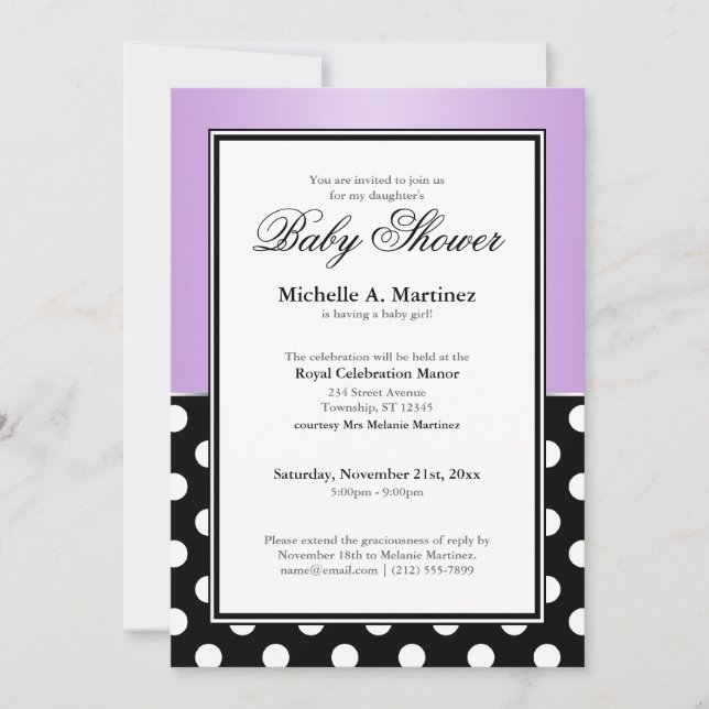 Invitation Royal Black Polka Dot Purple Baby shower (Devant)