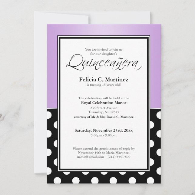 Invitation Royal Black Polka Dot Purple Quinceañera (Devant)