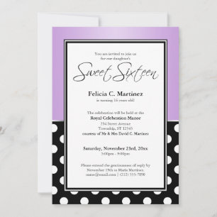 Invitation Royal Black Polka Dot Purple Sweet sixteen