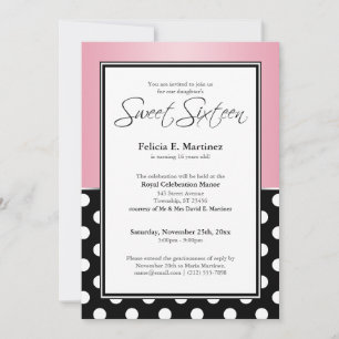 Invitation Royal Black Polka Sweet sixteen rose