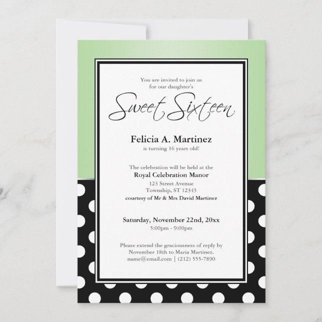 Invitation Royal Black Polka Sweet sixteen vert (Devant)