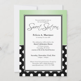 Invitation Royal Black Polka Sweet sixteen vert