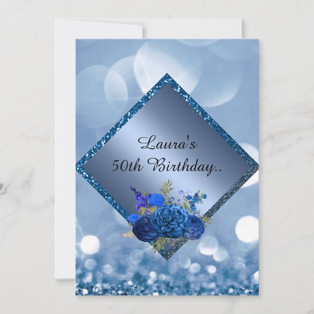 Invitation Royal bleu anniversaire en ligne fleur personnalis (Devant)