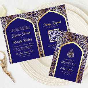 Invitation Royal Bleu Arc Perse QR Code Musulman Mariage