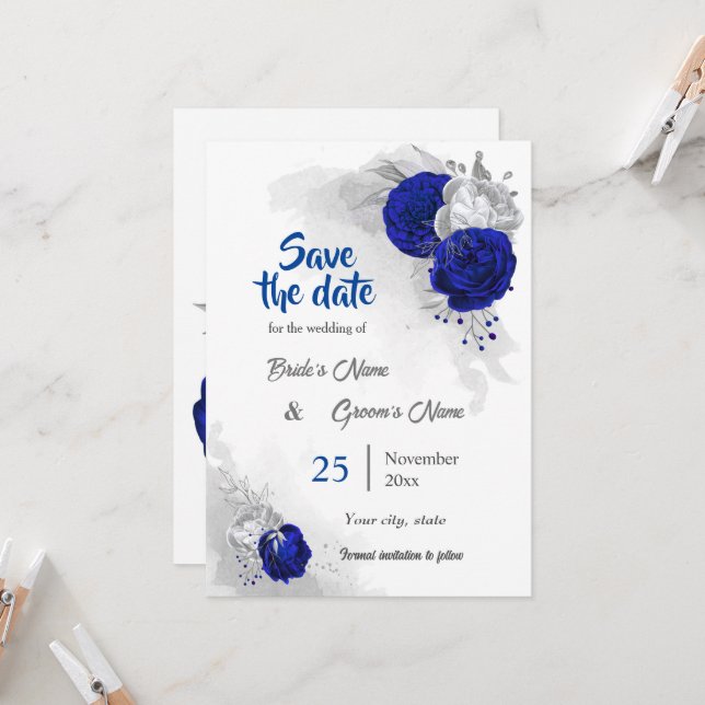 Invitation royal bleu argent fleurs botanique enregistrer la  (Devant/Arrière en situation)