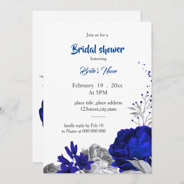 Invitation royal bleu argent fleurs nuptiale (Devant / Derrière)