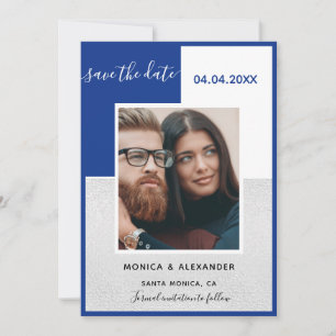 Invitation Royal bleu argent photo mariage Enregistrer la dat