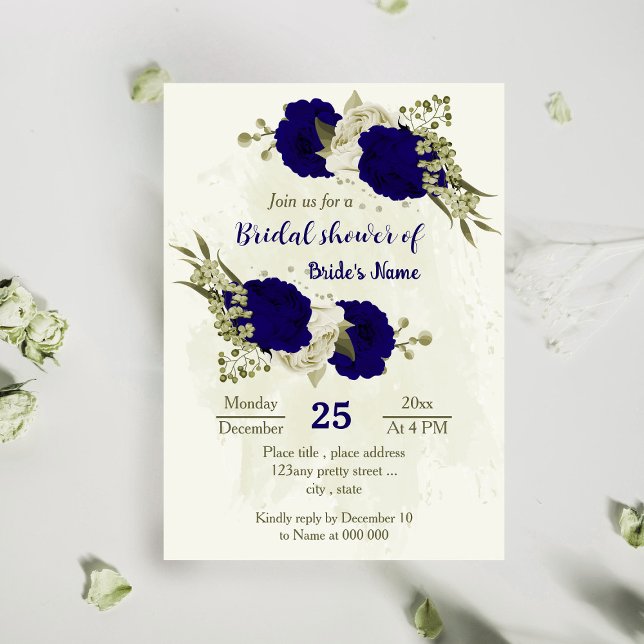 Invitation Royal bleu beige fleurs botanique nuptiale (Créateur téléchargé)