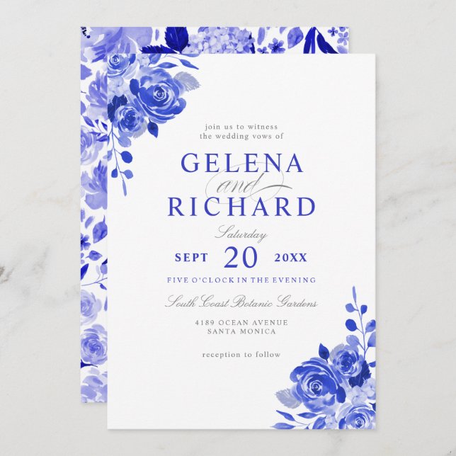 Invitation Royal Bleu & Blanc Aquarelle Bleu Floral Mariage (Devant / Derrière)