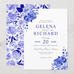 Invitation Royal Bleu & Blanc Aquarelle Bleu Floral Mariage