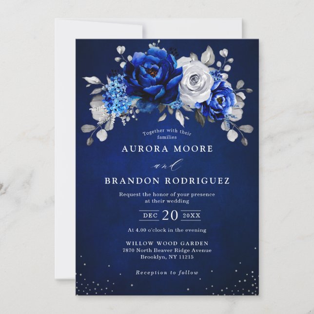 Invitation Royal Bleu Blanc Argent Mariage Floral Métallique  (Devant)