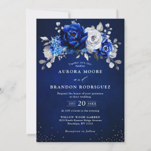 Invitation Royal Bleu Blanc Argent Mariage Floral Métallique 