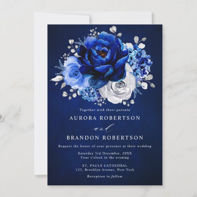 Invitation Royal Bleu Blanc Argent Mariage Floral Métallique  (Devant)