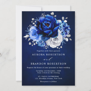 Invitation Royal Bleu Blanc Argent Mariage Floral Métallique 