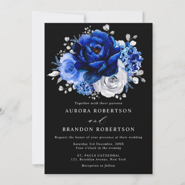 Invitation Royal Bleu Blanc Argent Mariage Floral Métallique  (Devant)