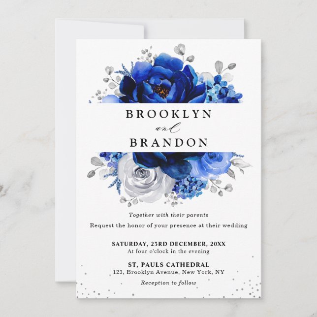 Invitation Royal Bleu Blanc Argent Mariage Floral Métallique  (Devant)