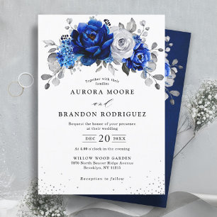 Invitation Royal Bleu Blanc Argent Mariage Floral Métallique 