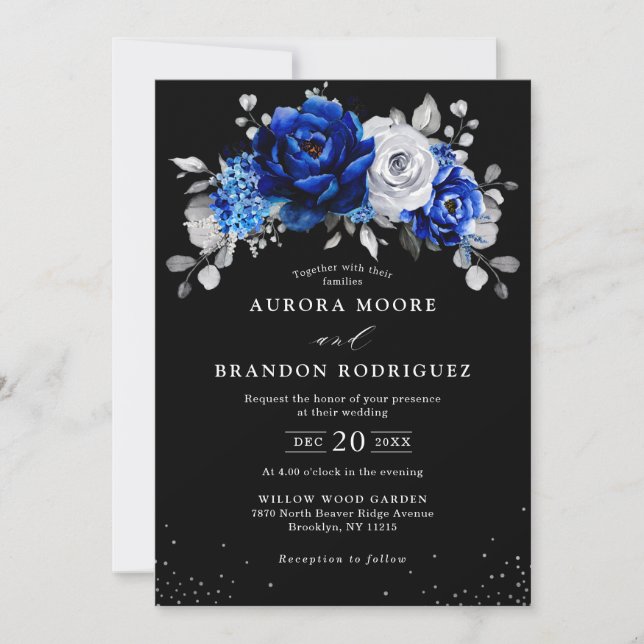 Invitation Royal Bleu Blanc argent Mariage noir métallique (Devant)