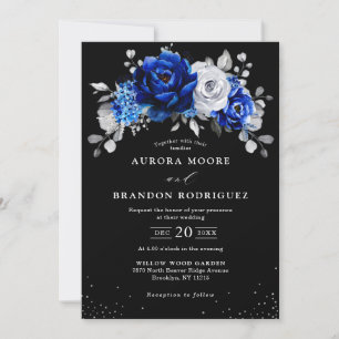 Invitation Royal Bleu Blanc argent Mariage noir métallique