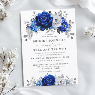 Invitation Royal Bleu Blanc Argent Métallo Mariage Floral