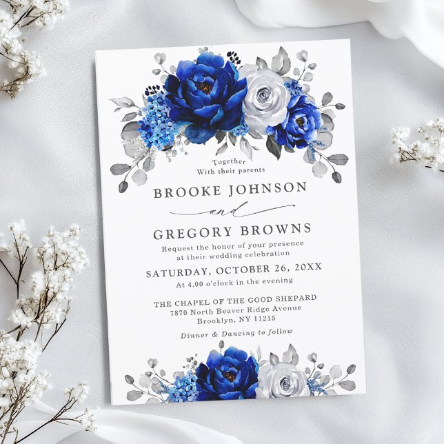 Invitation Royal Bleu Blanc Argent Métallo Mariage Floral (Royal blue silver / White metallic grey floral wedding invitation)