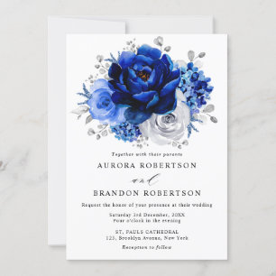 Invitation Royal Bleu Blanc Argent Métallo Mariage Floral