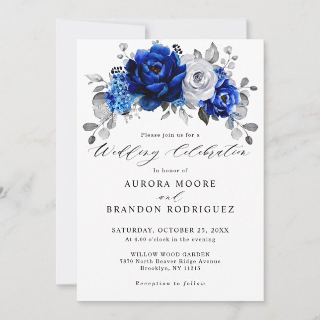 Invitation Royal Bleu Blanc Argent Métallo Mariage Floral (Devant)