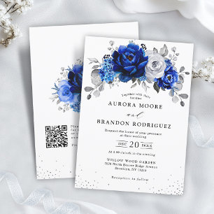 Invitation Royal Bleu Blanc Argent QR Code Floral Mariage