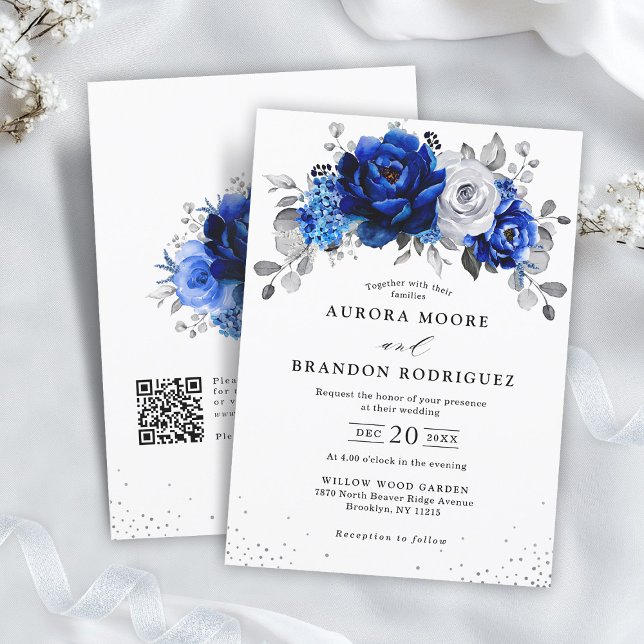 Invitation Royal Bleu Blanc Argent QR Code Floral Mariage (Royal Blue White Silver QR Code Floral Wedding Invitation)