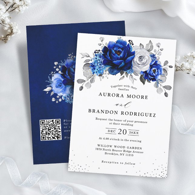 Invitation Royal Bleu Blanc Argent QR Code Floral Mariage (Royal Blue White Silver QR Code Floral Wedding Invitation)