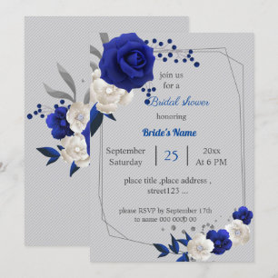 Invitation royal bleu blanc fleurs géométrique nuptiale