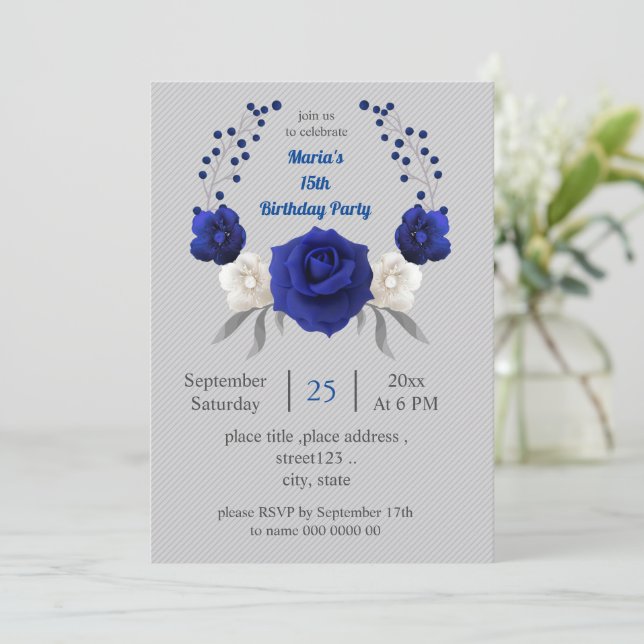 Invitation royal bleu blanc fleurs gris anniversaire (Debout devant)