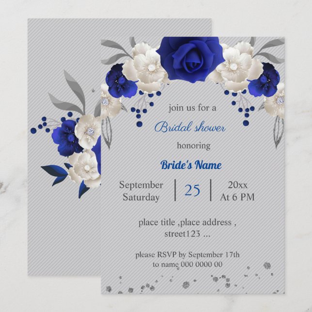 Invitation royal bleu blanc fleurs gris feuille nuptiale (Devant / Derrière)