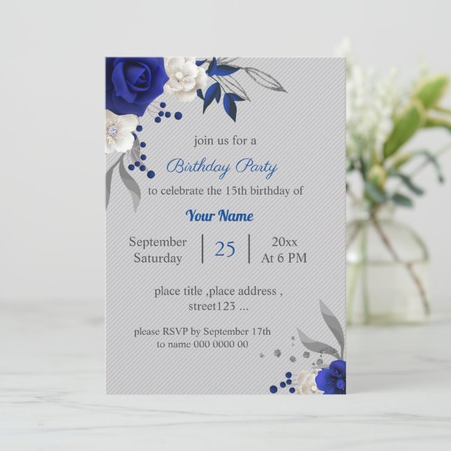 Invitation royal bleu blanc fleurs gris feuilles anniversaire (Debout devant)