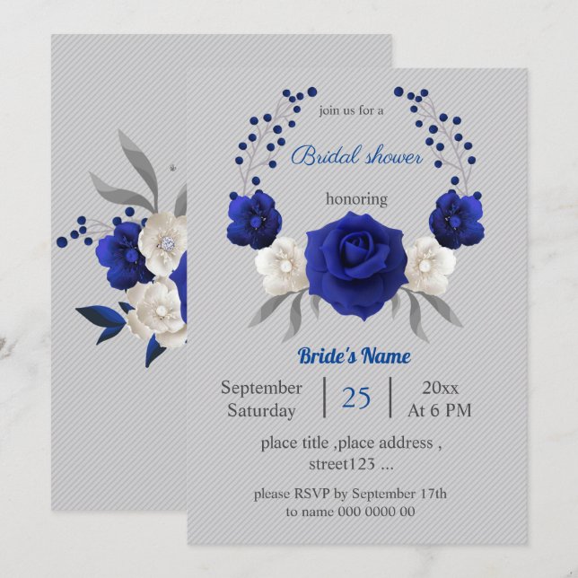 Invitation royal bleu blanc fleurs gris nuptiale (Devant / Derrière)