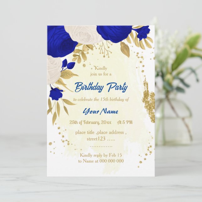 Invitation royal bleu & blanc fleurs or anniversaire (Debout devant)