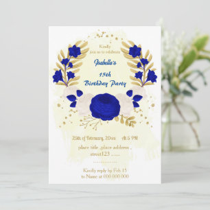 Invitation royal bleu & blanc fleurs or anniversaire