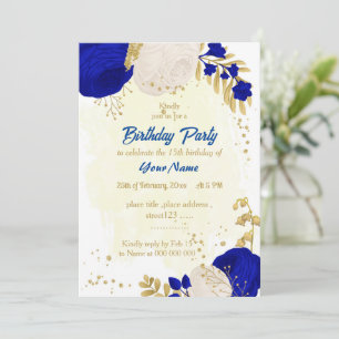 Invitation royal bleu & blanc fleurs or anniversaire099