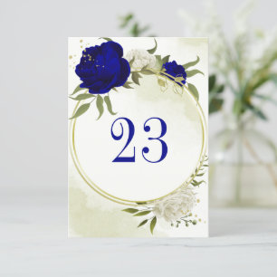 Invitation royal bleu blanc fleurs vert feuille numéro de tab