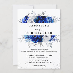 Invitation Royal Bleu Blanc Métallurier Argent Mariage Floral