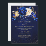 Invitation Royal Bleu Blanc Or métal Mariage floral Invi<br><div class="desc">Elégant faire-part de mariage à thème bleu royal avec élégant bouquet de bleu royal,  marine,  or,  jaune des bourgeons de fleurs roses et des feuilles d'eucalyptus. Veuillez me contacter pour toute aide sur la personnalisation ou si vous avez besoin d'un autre produit avec ce design.</div>