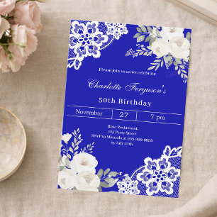 Invitation Royal bleu blanc roses dentelle anniversaire